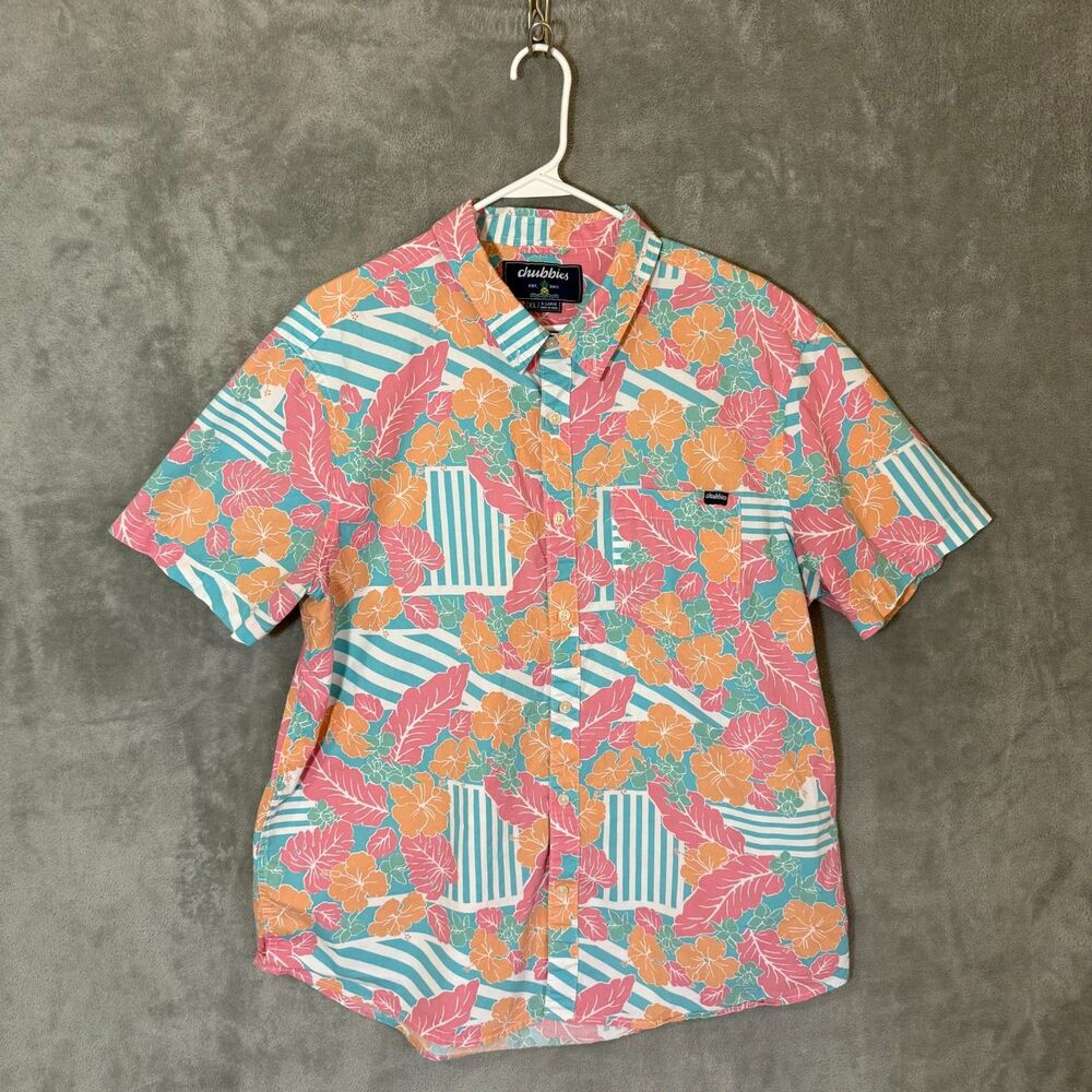 Chubbies Mens XL Camp Shirt Pink Orange Teal Tropical Print Resort Wear Hawaiian